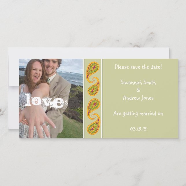 Reserva La Fecha Green & Gold Paisley Salven la fecha de tu foto (Anverso)