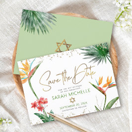 Reserva La Fecha Green Gold Tropical Bat Mitzvah Palm Floral Modern
