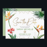 Reserva La Fecha Green Gold Tropical Bat Mitzvah Palm Floral Modern<br><div class="desc">¡Asegúrate de que todos tus amigos y parientes puedan celebrar el hito de tu hija Bat Mitzvah! Enviar esta moda, tarjeta de invitación personalizada "Save the Date". Unas aves acuarelas tropicales impresionantes, coloridas, con flores del paraíso, un guión falso manuscrito dorado, puntos Star of David y purpurinas, junto con sans...</div>