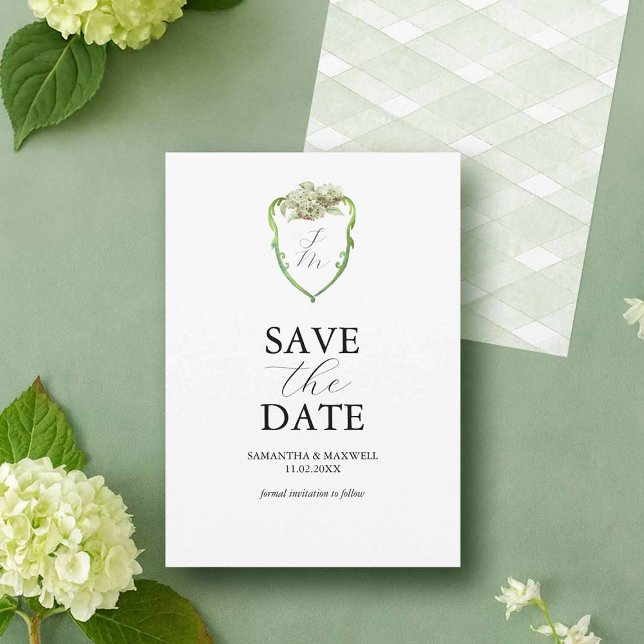 Reserva La Fecha Green Hydrangea Wedding Monogram Save The Dates (Green and white wedding hydrangea Save The Dates by Victoria Grigaliunas Do Tell A Belle)