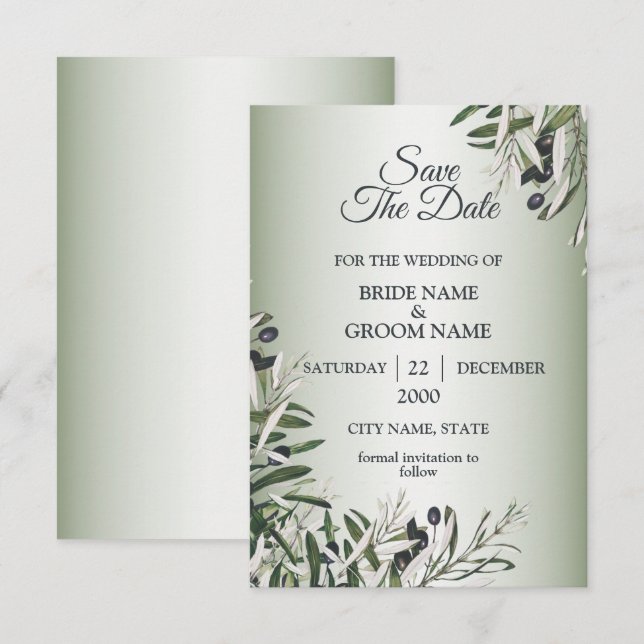 Reserva La Fecha Green Leaves Black Olive Elegant Wedding (Anverso / Reverso)