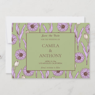 Reserva La Fecha Green Purple Retro Y2K Funky Hippie Flower Pattern