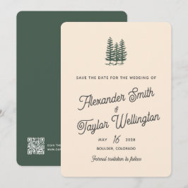 Reserva La Fecha Green Retro Trees QR Código Boda de Montaña