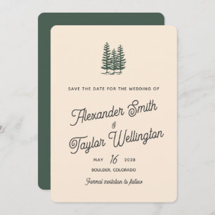 Reserva La Fecha Green Retro Trees QR Código Boda de Montaña