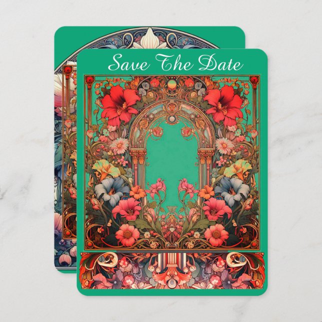 Reserva La Fecha Green Save the Date Card Mucha Style (Anverso / Reverso)