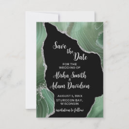 Reserva La Fecha Green Silver Purpurina on Black Save the Date Card