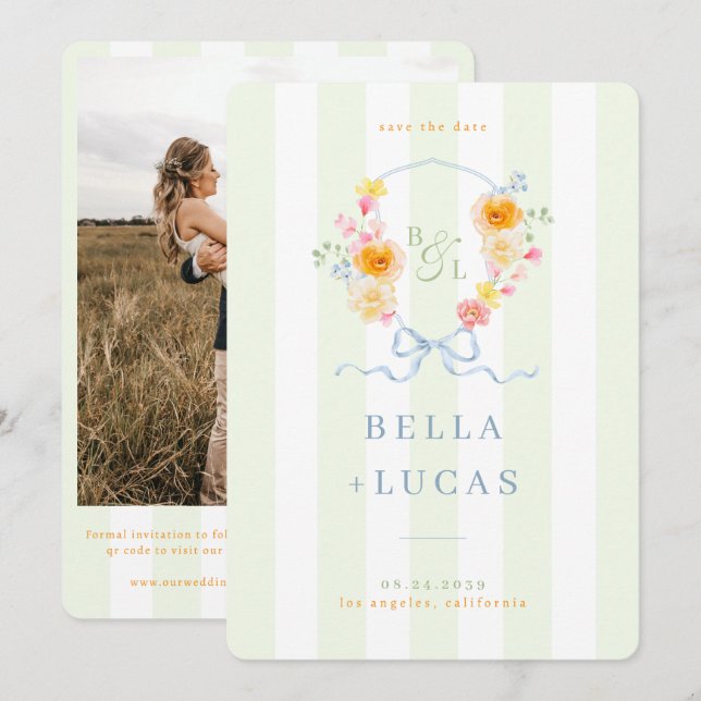 Reserva La Fecha Green Stripes Floral Crest Monogram Spring Wedding (Anverso / Reverso)