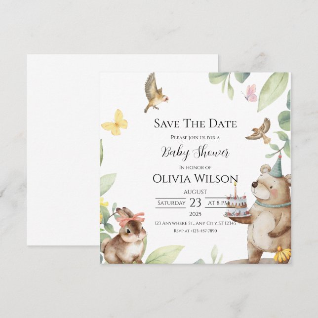 Reserva La Fecha Green White Bird Baby Shower Save the Date Card (Anverso / Reverso)