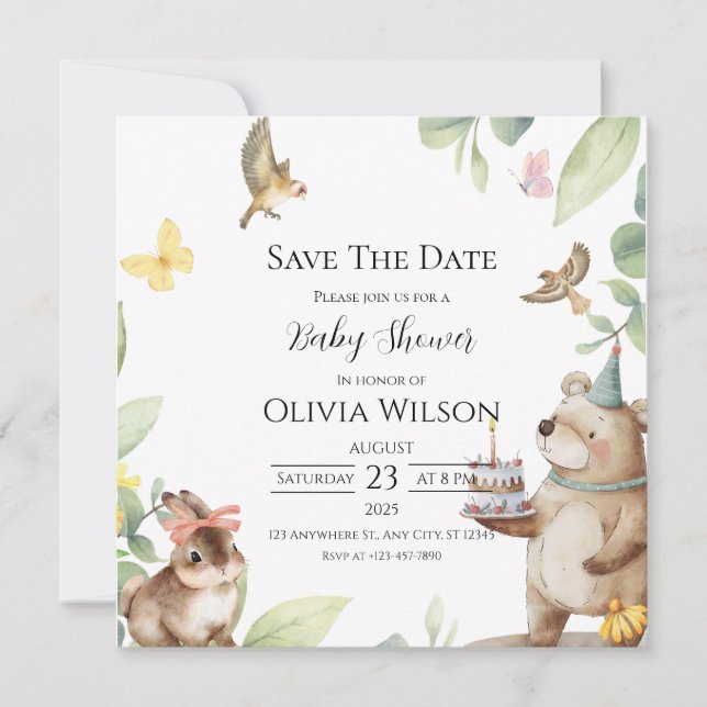 Reserva La Fecha Green White Bird Baby Shower Save the Date Card (Anverso)