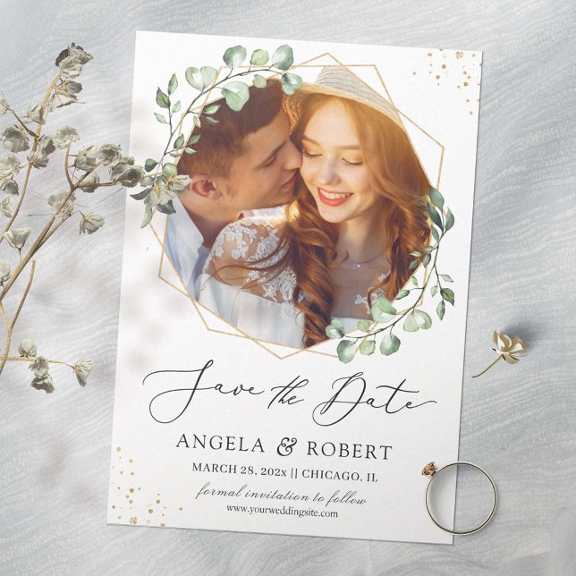 Reserva La Fecha Greeneration Eucalyptus Gold Geometric Frame Photo (Subido por el creador)