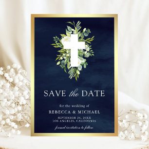 Reserva La Fecha Greenery Cross Católico Boda Navy Save The Date