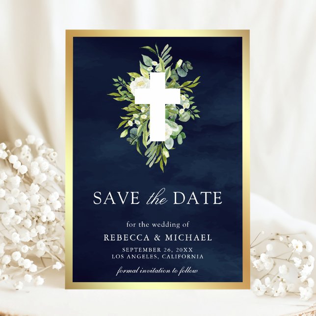 Reserva La Fecha Greenery Cross Católico Boda Navy Save The Date (Subido por el creador)