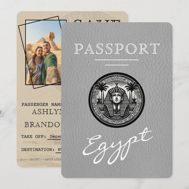 Reserva La Fecha Grey Egypt Passport Wedding Save the Date (Anverso / Reverso)