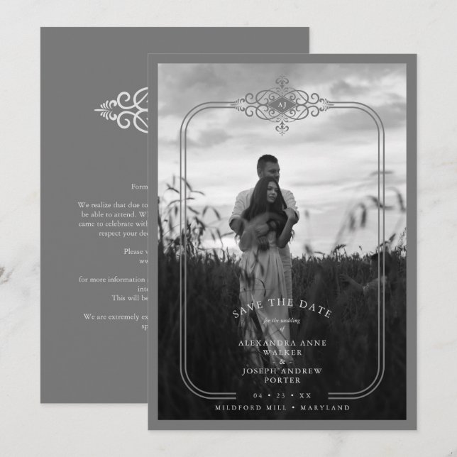 Reserva La Fecha Grey Trendy Lace Flourish Initials Wedding Photo (Anverso / Reverso)