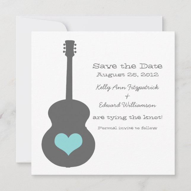 Reserva La Fecha Gris/Aqua Guitar Heart Save the Date Invite (Anverso)