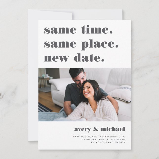 Reserva La Fecha Gris | Foto moderna de aplazamiento de boda (Anverso)