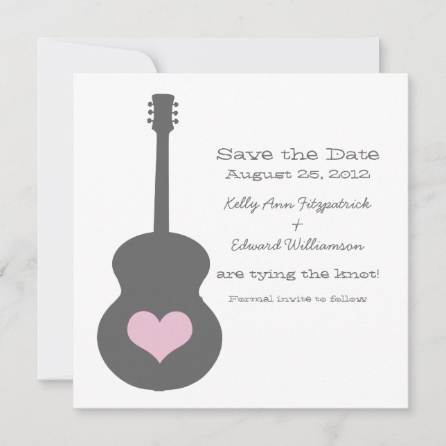 Reserva La Fecha Gris/Pink Guitar Heart Save the Date Invite (Anverso)