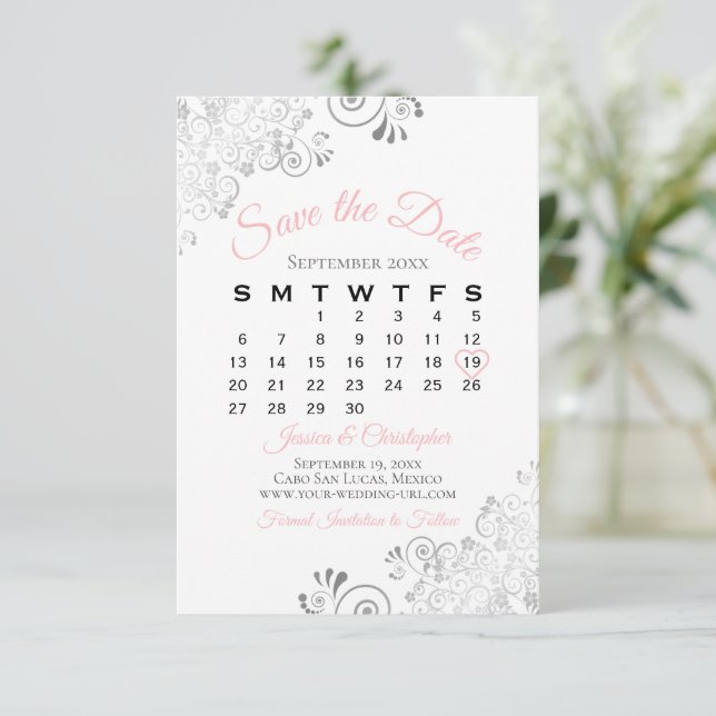 Reserva La Fecha Gris rosa y blanco simple calendario elegante de b (Anverso de pie)