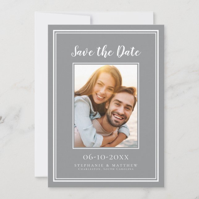 Reserva La Fecha Gris Simple Boda Compromiso Imagen Moderna (Anverso)