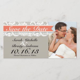 Reserva La Fecha Gris y coral de cinta de encaje Guardar la fecha