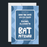 Reserva La Fecha Groovy Blue Waves Personalizado Bat Bar Bnai Mitzv<br><div class="desc">Tarjeta perfecta para anunciar un bar o murciélago mitzvah u otra celebración judía y pedir a los invitados que guarden la fecha! ¡La mano hizo arte para ti con la letra en la parte delantera y trasera! (consultar tienda o DM para opciones de BAR/MTD) ¡PERSONALIZABLE COMPLETO! Haga clic en "Personalizar"...</div>