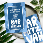 Reserva La Fecha Groovy Blue Waves Personalizado Bat Bar Bnai Mitzv<br><div class="desc">Tarjeta perfecta para anunciar un bar o murciélago mitzvah u otra celebración judía y pedir a los invitados que guarden la fecha! ¡La mano hizo arte para ti con la letra en la parte delantera y trasera! (consultar tienda o DM para opciones de BAR/MTD) ¡PERSONALIZABLE COMPLETO! Haga clic en "Personalizar"...</div>