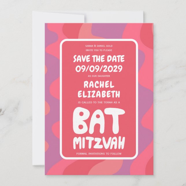 Reserva La Fecha Groovy Personalizado Bat Mitzvah Olas rosadas (Anverso)