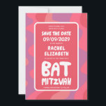 Reserva La Fecha Groovy Personalizado Bat Mitzvah Olas rosadas<br><div class="desc">Una tarjeta perfecta para anunciar un bat mitzvah u otra celebración judía y pedir a los invitados que guarden la fecha! ¡La mano hizo arte para ti con la letra en la parte delantera y trasera! ¡TODO PERSONALIZABLE! Haga clic en "Personalizar" para editar el texto. Haga clic en "editar usando...</div>