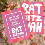 Reserva La Fecha Groovy Personalizado Bat Mitzvah Olas rosadas<br><div class="desc">Una tarjeta perfecta para anunciar un bat mitzvah u otra celebración judía y pedir a los invitados que guarden la fecha! ¡La mano hizo arte para ti con la letra en la parte delantera y trasera! (consultar tienda o DM para opciones de BAR/MTD) ¡PERSONALIZABLE COMPLETO! Haga clic en "Personalizar" para...</div>