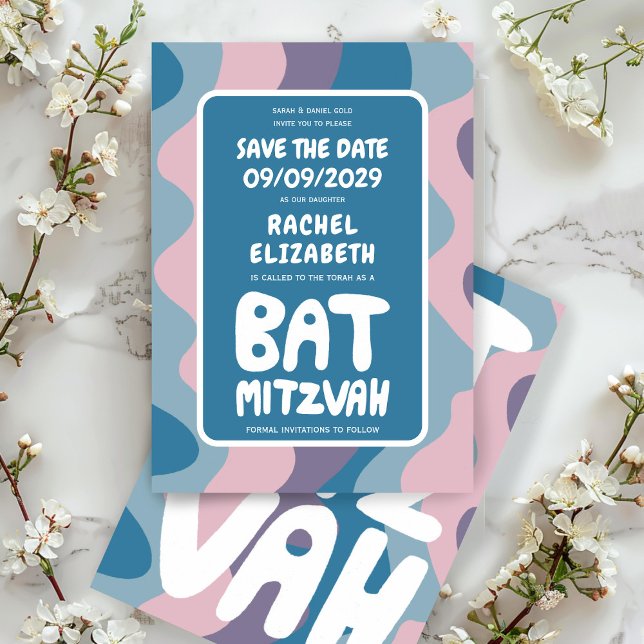 Reserva La Fecha Groovy Purple Waves Personalizado Bat Bar Bnai Mit (Groovy Purple Waves Custom Bat Bar Bnai Mitzvah Save The Date Card)