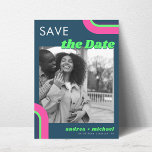 Reserva La Fecha Groovy sitio web Verde azulado del Retro de Foto A<br><div class="desc">Sorprenda a sus huéspedes con estas vibrantes y elegantes tarjetas verde azuladas y rosa Save the Date con fondos rosados y verde azulados,  guión gruavy,  fotos y textos de sus personalizados. Añade fácilmente tus detalles haciendo clic en la opción "personalizar".</div>