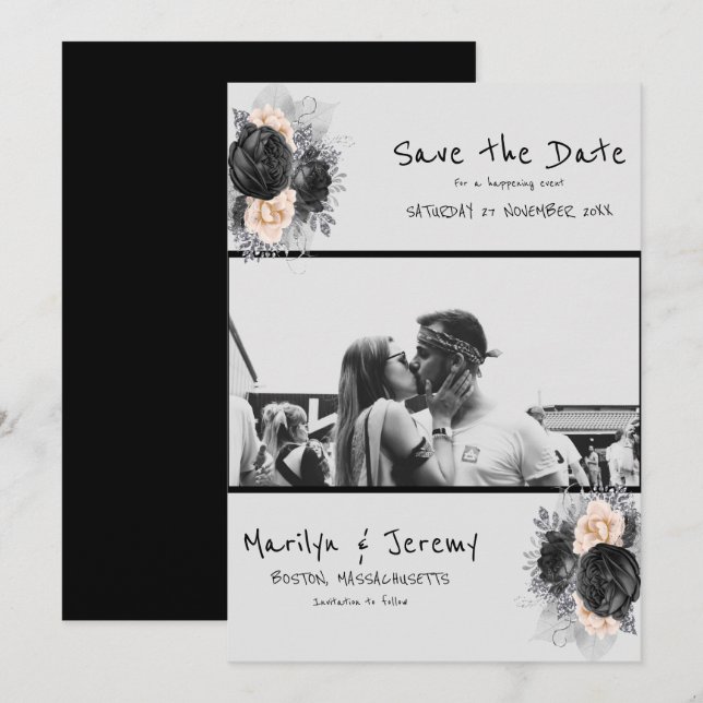 Reserva La Fecha Grunge Photo Black Floral Flat Save the Date Card (Anverso / Reverso)