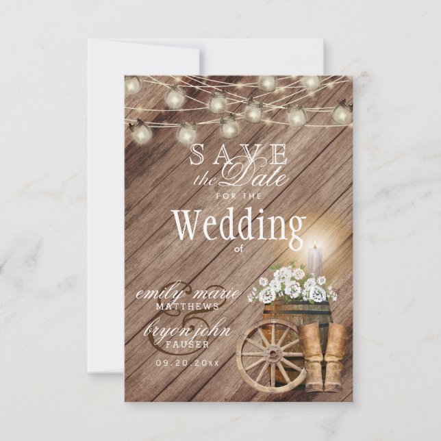 Reserva La Fecha Guarda la Fecha Hermoso Barril de Madera Rústica (Anverso)