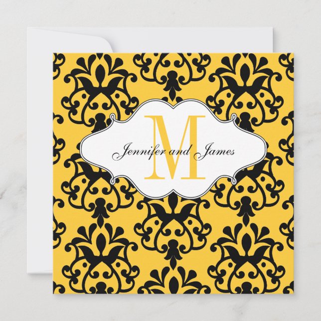 Reserva La Fecha Guardar el Boda amarillo de Damask moderno (Anverso)