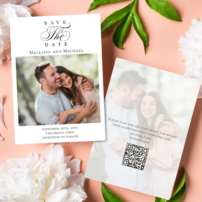Reserva La Fecha Guardar el Boda de secuencia de comandos de fotos  (Save the date photo card with a scannable QR code with calligraphy script. )