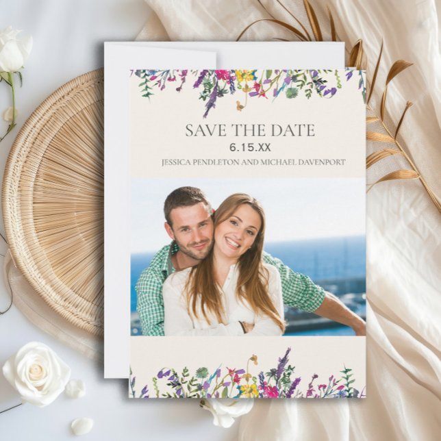 Reserva La Fecha Guardar Fecha de Boda Foto Acuarela Flores Silvest (Watercolor wildflowers wedding Save the Date photo card)