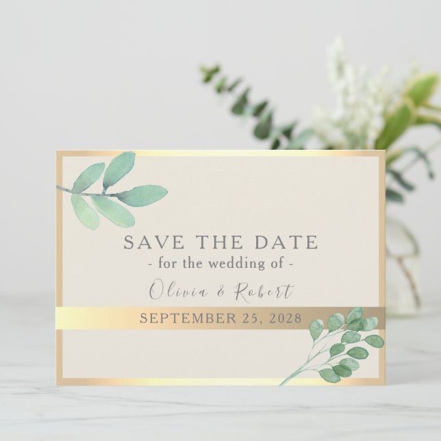 Reserva La Fecha Guardar Fecha de Boda Verde Dorado Botánico (Anverso de pie)