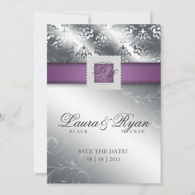 Reserva La Fecha Guardar la Boda de fecha Damask Jewel Purple Silve (Anverso)