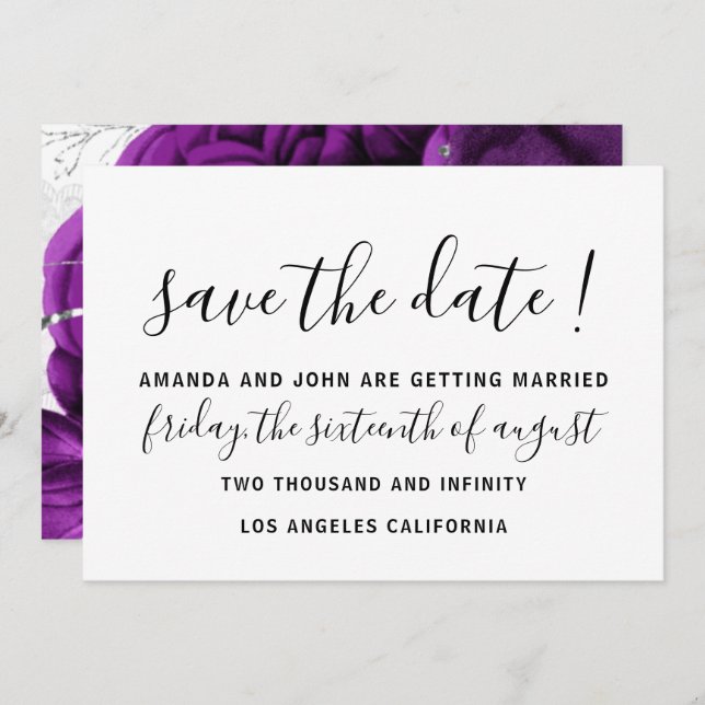 Reserva La Fecha Guardar La Fecha Boda Novia Monograma Rosas Púrpur (Anverso / Reverso)