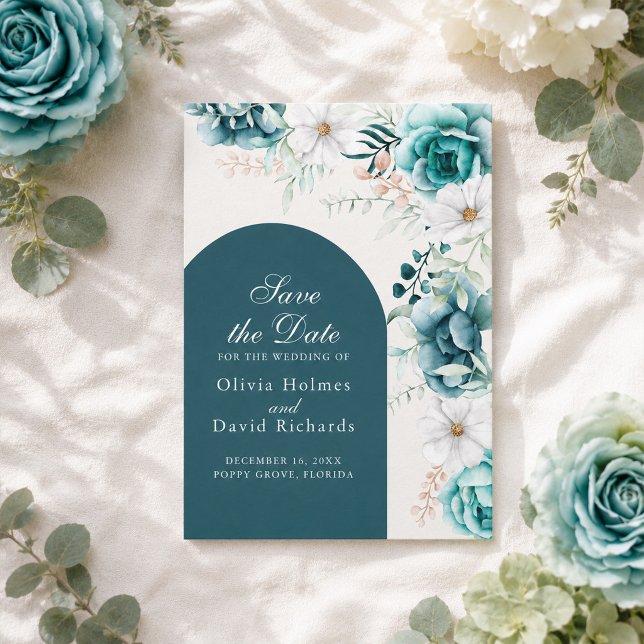 Reserva La Fecha Guardar la fecha botánico turquesa | Estilo boho (Teal Botanical Save the Date | Boho Style)