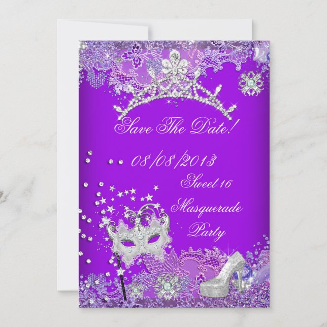 Reserva La Fecha Guardar la fecha Cumpleaños 16 Morado Mascarada 2 (Anverso)