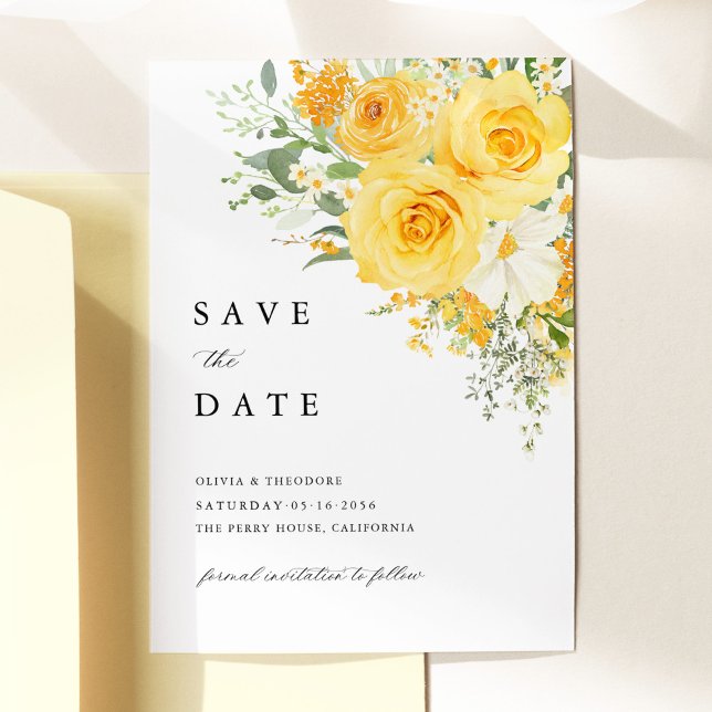 Reserva La Fecha Guardar la fecha de boda de rosa floral amarilla (Yellow floral wedding save the date card, watercolor yellow rose garden romantic wedding stationery )