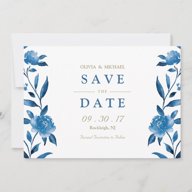 Reserva La Fecha Guardar la fecha de boda floral azul Chinoiserie (Anverso)