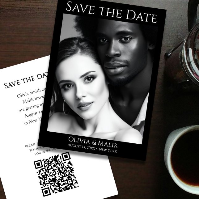 Reserva La Fecha Guardar la fecha de código QR de foto (Modern Black & White Photo QR Code Save the Date - front and back)