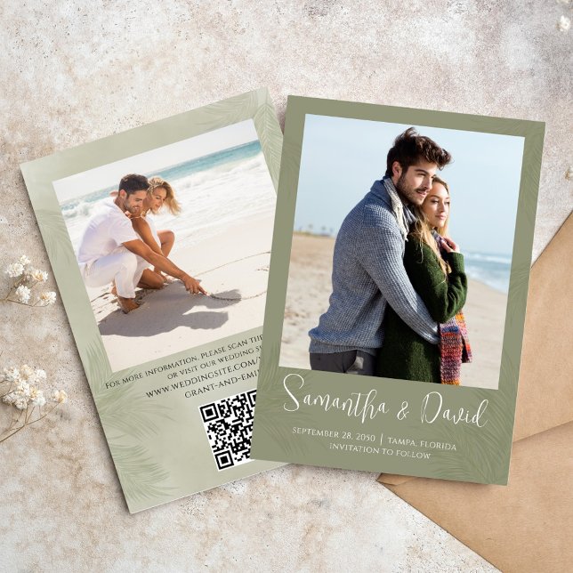 Reserva La Fecha Guardar la fecha de la foto de destino elegante Pa (Elegant green palm leaves photo save the date card. With a scannable QR Code. )