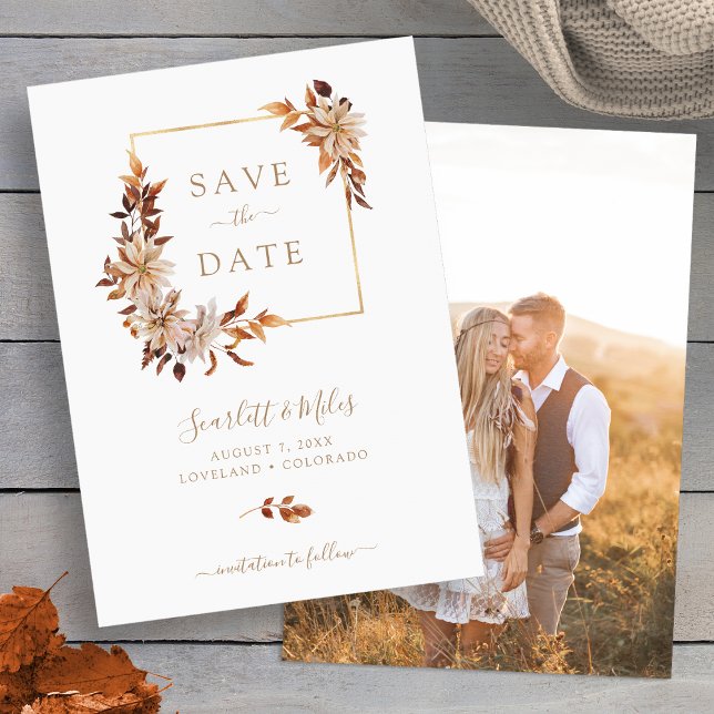 Reserva La Fecha Guardar la fecha de otoño (Modern Fall Leaves Photo Save The Date Invitation by Painted Paperie
)
