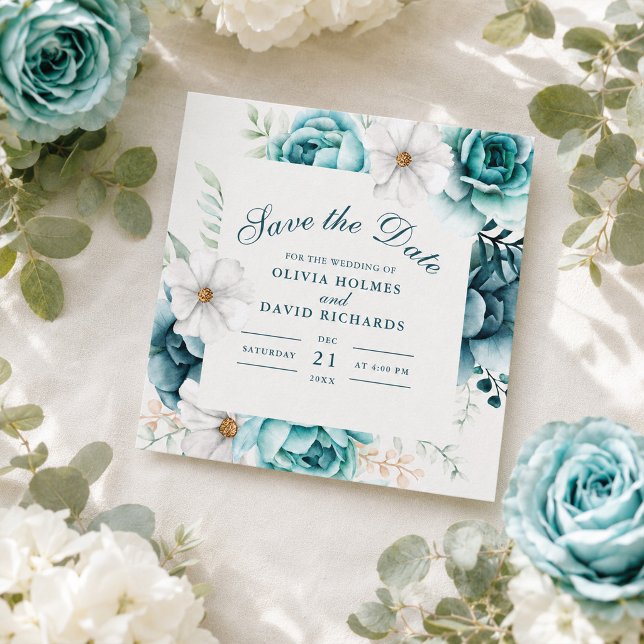 Reserva La Fecha Guardar la fecha floral botánico turquesa (Teal Botanical Wildflower Save the Date)
