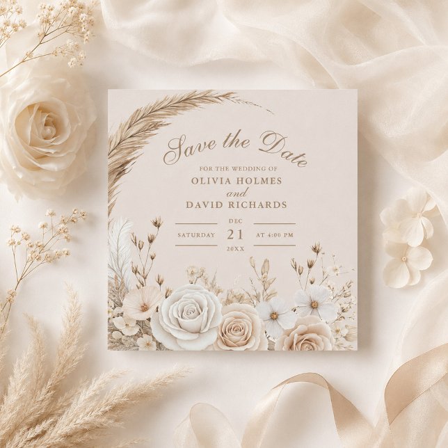Reserva La Fecha Guardar la fecha flores silvestres beige rústico (Rustic Wildflower Beige Save the Date with beige wedding decor and flowers)