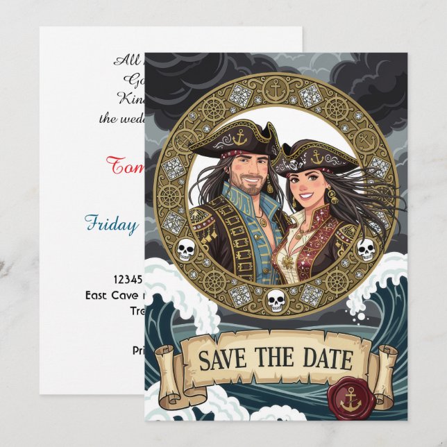 Reserva La Fecha Guardar la fecha impresionante boda pirata (Anverso / Reverso)