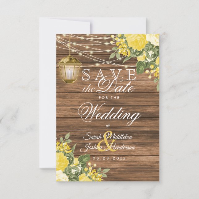 Reserva La Fecha Guardar la Fecha Madera, Faroles y Flor Amarilla (Anverso)